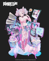 1girl bare_shoulders black_background blue_eyes bow breasts cake choker clothes_around_waist crop_top dayeyangzhi fishnets food full_body hair_bow hair_ornament jacket jewelry looking_at_viewer midriff multicolored_hair navel one_eye_closed original pink_hair shirt shorts smile solo twintails