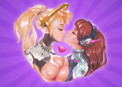 2girls blonde_hair breast_press breasts brown_hair closed_eyes d.va_(overwatch) facial_mark headphones heart imminent_kiss logunkov logunkov long_hair mercy_(overwatch) multiple_girls overwatch overwatch_1 ponytail purple_background yuri