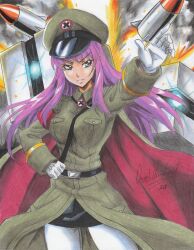 1girl 2020 abigail_(metal_slug) absurdres belt blue_eyes coat gloves hand_on_own_hip hat highres long_hair metal_slug metal_slug_attack military military_coat military_hat military_uniform pink_hair ravernclouk_design rocket snk traditional_media