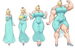Rule 34 | 1girl, absurdres, bare shoulders, blonde hair, blue eyes, breast expansion, breasts, covered navel, crown, curvy, dress, earrings, female focus, full body, hair over one eye, height growth, highres, huge breasts, jewelry, long hair, looking at viewer, mario (series), muscle growth, musctonk, muscular, muscular female, nintendo, off-shoulder dress, off shoulder, rosalina, sequential, solo, star (symbol), super mario galaxy, super star (mario), tall female, thick thighs, thighs, wide hips