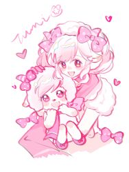 1girl animal animal_ears blush bow bowtie brown_eyes clothed_animal collared_dress cosplay cropped_torso crossover double_bun dress eyelashes frilled_dress frills fur_hat fur_shirt gloves goat goat_ears goat_girl goat_horns hair_bow hair_bun hat highres holding holding_animal horns jianuannuannuan looking_at_another medium_hair mei_yangyang mei_yangyang_(cosplay) nikki_(nikki) nikki_(series) open_mouth petting pinafore_dress pink_bow pink_bowtie pink_dress pink_gloves pink_hair pink_horns pink_scarf pink_snowprint_(shining_nikki) pink_theme polka_dot polka_dot_bow procreate_(medium) puffy_short_sleeves puffy_sleeves ringlets scarf shining_nikki shirt short_hair short_sleeves simple_background sleeveless sleeveless_dress small_horns smile striped_horns swept_bangs tareme teeth upper_teeth_only ushanka white_background white_hat white_shirt xiyangyang_yu_huitailang