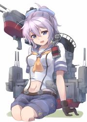 Rule 34 | 1girl, aoba (kancolle), black gloves, blue bow, blue eyes, blue shorts, bow, breasts, commentary request, cropped legs, gloves, hair bow, highres, kantai collection, medium breasts, minosu, navel, neckerchief, open mouth, original remodel (kantai collection), pink hair, rigging, sailor collar, school uniform, searchlight, serafuku, short sleeves, shorts, simple background, sitting, solo, suspenders, two-tone background, yellow neckerchief