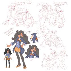 1boy 2girls alternate_costume anabel_(pokemon) black_hair blue_coat blue_eyes coat dark-skinned_female dark_skin diagonal-striped_clothes diagonal-striped_necktie emma_(pokemon) english_text espurr gen_6_pokemon hand_on_own_chin heart highres imitating looker_(pokemon) multiple_girls necktie nintendo open_clothes open_coat petting pokemon pokemon_legends:_z-a pokemon_masters_ex pokemon_sm pokemon_xy reference_inset simple_background squiggle striped_clothes vergolophus white_background