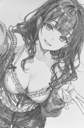1girl absurdres bad_tag blueberry_(zzcp5742) blunt_ends bow_camisole breasts camisole cardigan cleavage commentary_request cowboy_shot denim earrings eyelashes frilled_camisole frills graphite_(medium) greyscale grin hair_intakes hair_over_shoulder hands_up highres jeans jewelry large_breasts long_hair long_sidelocks long_sleeves looking_at_viewer monochrome open_cardigan open_clothes original pants selfie sidelocks smile solo standing stud_earrings traditional_media v wavy_hair