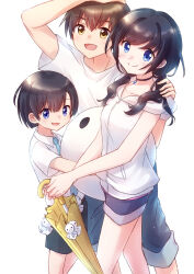 1girl 2boys absurdres amano_hina_(tenki_no_ko) amano_nagi black_choker black_hair blue_eyes blue_necktie blue_shorts brother_and_sister brown_hair choker closed_mouth collared_shirt commentary feet_out_of_frame hand_on_another&#039;s_shoulder highres holding holding_umbrella hood hoodie looking_at_viewer morishima_hodaka_(tenki_no_ko) multiple_boys necktie nyaa_(nnekoron) shirt short_shorts shorts siblings simple_background smile tenki_no_ko teruterubouzu twintails umbrella white_background white_hoodie white_shirt yellow_eyes yellow_umbrella