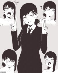 1girl ? absurdres artist_name asymmetrical_hair blush chainsaw_man closed_eyes collarbone collared_shirt commentary double_v english_commentary formal_clothes hair_ornament hairclip higashiyama_kobeni highres looking_at_viewer mole mole_on_cheek mole_under_eye mole_under_mouth monochrome multiple_moles multiple_views necktie open_mouth screaming sepia shirt speedl00ver suit sweat tearing_up teeth tongue v