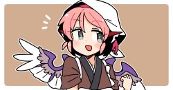 1girl :d animal_ears bird_ears bird_wings blush border brown_background brown_kimono commentary_request dot_nose earrings grey_eyes headscarf ini_(inunabe00) japanese_clothes jewelry kimono mystia_lorelei notice_lines open_mouth outline pink_hair short_hair short_sleeves simple_background single_earring smile solo touhou upper_body white_border white_headscarf white_outline wings