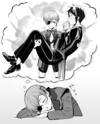 2boys absurdres age_difference bishounen black_hair black_suit blush bow butler carrying ciel_phantomhive closed_mouth dreaming earrings eyepatch formal_clothes gloves hair_between_eyes highres jewelry kuroshitsuji long_sleeves male_focus multiple_boys onii-shota ouji_fashion princess_carry sebastian_michaelis shirt short_hair shorts shotadom simple_background sleeping speech_bubble suit thought_bubble uneasywolf victorian white_background