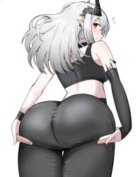 1girl absurdres arknights ass ass_support bare_shoulders black_horns black_leggings black_sports_bra bright_pupils closed_mouth cowboy_shot crop_top flying_sweatdrops from_behind from_below grey_hair highres horns infection_monitor_(arknights) leggings long_hair looking_at_viewer looking_back material_growth median_furrow mudrock_(arknights) oripathy_lesion_(arknights) pointy_ears profile red_eyes simple_background sleeveless solo spam_(spamham4506) sports_bra standing thigh_gap white_background white_pupils