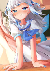1girl :t absurdres against_desk arm_support belt blue_eyes blue_hair blue_nails blue_neckerchief blue_sailor_collar blunt_bangs blush classroom commentary curtains desk fins fish_tail gawr_gura grey_hair hair_ornament highres holohoneygaoka_high_school_uniform hololive hololive_english indoors kurushiro1102 long_hair multicolored_hair nail_polish neckerchief official_alternate_costume pov_across_table puffy_short_sleeves puffy_sleeves sailor_collar school school_desk school_uniform serafuku shark_hair_ornament shark_tail shirt short_sleeves skirt solo streaked_hair sunset sweatdrop tail two_side_up virtual_youtuber white_belt white_serafuku white_shirt white_skirt