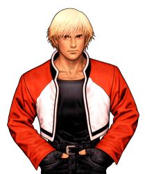Rule 34 | 1boy, belt, black undershirt, blonde hair, capcom vs snk 2, denim, expressionless, facing viewer, fatal fury, fatal fury: city of the wolves, fingerless gloves, game cg, garou: mark of the wolves, gloves, hands in pockets, highres, jacket, looking at viewer, mori toshiaki, non-web source, official art, open clothes, open jacket, red pupils, rock howard, short hair, snk, solo, teeth, the king of fighters, undershirt