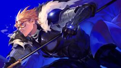 1boy arm_up armor belt black_armor black_belt black_gloves blonde_hair blue_background blue_cape blue_eyes breastplate cape dimitri_alexandre_blaiddyd dimitri_alexandre_blaiddyd_(timeskip) eyepatch fire_emblem fire_emblem:_three_houses fur-trimmed_cape fur_trim gloves highres holding holding_polearm holding_weapon looking_ahead male_focus mello_paint nintendo one_eye_covered parted_lips pauldrons polearm shoulder_armor solo teeth weapon