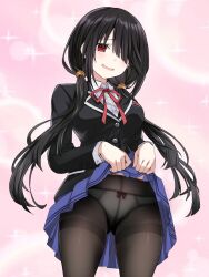 1girl black_hair black_jacket black_panties black_pantyhose blue_skirt breasts clothes_lift commentary cowboy_shot date_a_live hair_over_one_eye highres jacket lifting_own_clothes long_hair looking_at_viewer low_twintails medium_breasts neck_ribbon panties panties_under_pantyhose pantyhose pink_background red_eyes red_ribbon ribbon saint_laurent_paris school_uniform serafuku skirt skirt_lift solo tokisaki_kurumi twintails underwear very_long_hair