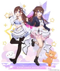 2girls :d amagai_tarou ankimo_(tokino_sora) asymmetrical_legwear back_bow bare_shoulders bear_earrings black_footwear black_pantyhose blue_jacket blue_shirt boots bow breasts frilled_thigh_strap brown_footwear brown_hair character_name collared_shirt commentary_request copyright_notice cropped_jacket cropped_shirt cross-laced_footwear detached_sleeves double-parted_bangs earrings english_text fishnet_socks fishnet_thighhighs fishnets frilled_shirt_collar frilled_skirt frills full_body hair_between_eyes hair_ornament hair_ribbon half-skirt half_updo hand_up highres hololive jacket jewelry kneehighs lapels large_bow layered_skirt leather leather_jacket loafers long_hair long_sleeves looking_at_viewer mascot medium_breasts midriff miniskirt multiple_girls navel necktie notched_lapels nun_nun_(tokino_sora) o-ring o-ring_thigh_strap official_alternate_costume official_alternate_hairstyle official_art open_mouth overskirt pantyhose pink_shirt pink_skirt puffy_long_sleeves puffy_sleeves purple_eyes ribbon shirt shoes skirt sleeveless sleeveless_shirt smile socks standing standing_on_one_leg star_(symbol) star_hair_ornament straight_hair thigh_strap thighhighs tokino_sora tokino_sora_(7th_costume) uneven_legwear virtual_youtuber waist_bow waving white_skirt yellow_necktie