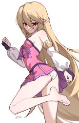 1girl absurdres ass bare_shoulders barefoot blonde_hair bow breasts commentary commission detached_sleeves dress english_commentary from_side hand_up highres leg_up long_hair original panties pink_dress pointy_ears purple_bow red_eyes simple_background smile soles standing standing_on_one_leg strapless strapless_dress toes underwear very_long_hair white_background white_panties x_xith_x