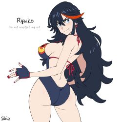 Rule 34 | 1girl, alternate hair length, alternate hairstyle, ass, bare shoulders, black gloves, black one-piece swimsuit, breasts, butt crack, earrings, english text, fingerless gloves, gloves, highres, jewelry, kill la kill, large breasts, long hair, looking back, matoi ryuuko, multicolored hair, multicolored swimsuit, one-piece swimsuit, red hair, red nails, red one-piece swimsuit, senketsu, shiny skin, shio (zsp1jqohfr12495), simple background, skindentation, smile, solo, streaked hair, swimsuit, white background