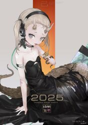 1girl 2025 :p absurdres akefumi animal bare_shoulders black_dress blonde_hair breasts chinese_zodiac closed_mouth collarbone commentary_request covered_navel dress forked_tongue grey_eyes happy_new_year headphones highres holding holding_animal horns lamia looking_at_viewer medium_hair monster_girl new_year original slit_pupils small_breasts snake solo strapless strapless_dress tongue tongue_out twintails white_horns year_of_the_snake