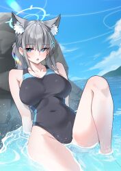 1girl absurdres bare_legs black_one-piece_swimsuit blue_archive blue_eyes blue_halo blue_sky cloud coke0502 collarbone commentary covered_navel cross_hair_ornament day grey_hair hair_ornament halo highres legs ocean official_alternate_costume one-piece_swimsuit open_mouth outdoors partially_submerged shiroko_(blue_archive) shiroko_(swimsuit)_(blue_archive) sitting sky solo swimsuit thighs wet