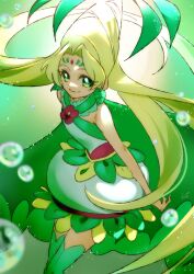 1girl agnete_(precure) bare_arms bars beehive_hairdo blonde_hair boots bow brooch bubble bubble_skirt closed_mouth cure_oasis dress earrings eyelashes facial_mark feet_out_of_frame flower flower_brooch forehead_jewel forehead_mark frilled_dress frills green_background green_bow green_eyes green_theme hair_ornament half_updo halter_dress halterneck happy hibiscus highres jewelry leaf_earrings leaf_hair_ornament leaning_forward light_blush long_hair looking_at_viewer magical_girl palm_leaf pink_flower precure shipu_(gassyumaron) signature skirt smile solo tareme thigh_boots tropical-rouge!_precure very_long_hair white_dress
