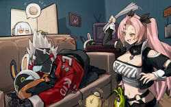 Rule 34 | 1boy, 2girls, absurdres, amillion (zenless zone zero), anby demara, anger vein, billy kid, breasts, burger, cleavage, couch, cowboy shot, dodo (yatotoyatoto), eous (zenless zone zero), fingerless gloves, food, gloves, hair between eyes, highres, indoors, jacket, large breasts, long hair, mask, midriff, multiple girls, nicole demara, on couch, open mouth, pink hair, red jacket, sidelocks, sleeping, smile, speech bubble, standing, television, zenless zone zero
