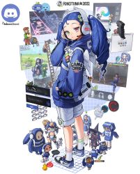 among_us amumu animal_crossing artist_name asymmetrical_legwear bag big_bird_(project_moon) blue_hair blue_hoodie blue_shorts blue_theme breasts capcom character_request google_chrome chun-li closed_mouth commentary discord english_commentary final_fantasy final_fantasy_xiv from_side full_body green_eyes hand_in_pocket hand_on_headset headset heterochromia highres hood hood_down hoodie league_of_legends lobotomy_corporation long_hair looking_at_viewer looking_to_the_side messenger_bag minecraft minion_(league_of_legends) mummy nike_(company) nintendo overwatch overwatch_1 poring project_moon ragnarok_online red_eyes rinotuna roblox shoes shorts shoulder_bag small_breasts sneakers socks standing stardew_valley steve_(minecraft) street_fighter the_binding_of_isaac the_sims virtual_youtuber white_bag white_legwear white_wings wings