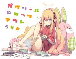 Rule 34 | 10s, 1girl, animal ears, bad id, bad twitter id, barefoot, blonde hair, computer, copyright name, cross, earphones, feet, female focus, full body, gabriel dropout, gabriel tenma white, halo, headphones, jacket, jersey, jewelry, laptop, long hair, naked jacket, necklace, rabbit, rabbit ears, shoes, simple background, sitting, sneakers, sock dangle, socks, soles, solo, sportswear, stuffed animal, stuffed toy, toes, toy, track jacket, ukami, unworn socks, very long hair