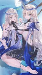 2girls absurdres anklet back bare_shoulders barefoot black_collar black_dress blonde_hair blue_eyes blue_hands breasts cartethyia_(wuthering_waves) collar colored_inner_hair commentary_request crown_of_thorns dress earrings fleurdelys_(wuthering_waves) highres horns jewelry large_breasts long_hair long_horns looking_at_viewer luridrumours multicolored_hair multiple_girls open_mouth outstretched_arm pointy_ears sideboob single_horn sitting smile tabard very_long_hair white_tabard wuthering_waves yellow_horns