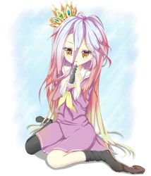 10s 1girl :d black_serafuku blonde_hair borumete chess_piece crown female_focus gradient_hair highres king_(chess) long_hair multicolored_hair no_game_no_life open_mouth purple_hair red_hair school_uniform serafuku shiro_(no_game_no_life) sitting smile solo thighhigh_dangle very_long_hair wariza yellow_eyes