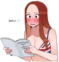1girl bikini black_eyes blue_bikini book breasts collarbone cropped_torso english_text flag_print flag_print_bikini freckles highres holding holding_book large_breasts long_hair multicolored_bikini ohasi open_book open_mouth original print_bikini reading red_bikini red_hair shiny_skin simple_background solo source_request surprised sweat swimsuit union_jack union_jack_bikini united_kingdom_(ohasi) upper_body white_background wide-eyed