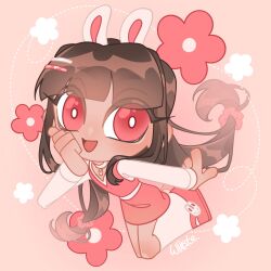 Rule 34 | 1girl, absurdly long hair, animal ears, blunt bangs, bright pupils, brown hair, chibi, choker, colored eyelashes, commentary, commission, dark-skinned female, dark skin, dotted line, double-parted bangs, english commentary, eyes visible through hair, floating hair, flower, hair ornament, hair scrunchie, hairclip, hand on own cheek, hand on own face, happy, highres, jumping, kneehighs, knees, light blush, long hair, long sleeves, low-tied long hair, mary janes, miniskirt, open mouth, original, pink background, pink eyes, pink flower, pink scrunchie, pink shoes, pink skirt, pink theme, pink vest, rabbit charm, rabbit ears, scrunchie, shirt, shoes, sidelocks, signature, simple background, skirt, skirt set, smile, socks, solo, v-neck, very long hair, vest, white choker, white flower, white pupils, white shirt, white socks, wikate