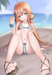 1girl ahoge beach bikini blue_bikini blue_eyes blush clownfish collarbone commission feet fins fish fish_hair_ornament flat_chest hair_ornament head_fins highres ichiyo_tsuyu_(glacia_glagla) indie_virtual_youtuber long_hair misumi_nozomi navel ocean open_mouth orange_hair sandals signature sitting skeb_commission solo striped_bikini striped_clothes swimsuit toes virtual_youtuber
