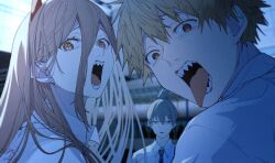 1girl 2boys blonde_hair blue_eyes brown_hair chainsaw_man collared_shirt denji_(chainsaw_man) grey_hair hayakawa_aki horns long_hair looking_at_viewer multiple_boys necktie open_mouth orange_eyes power_(chainsaw_man) red_horns sa_jitsu sharp_teeth shirt short_hair signature teeth tongue tongue_out white_shirt
