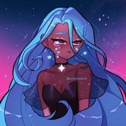 Rule 34 | 1girl, blue hair, borrowed character, breasts, capelet, cleavage, commentary, crying, dark-skinned female, dark skin, english commentary, eyelashes, hair between eyes, long hair, mimpish, original, purple eyes, see-through clothes, see-through capelet, see-through cleavage, small breasts, solo, star (sky), star (symbol), tears, upper body, very long hair