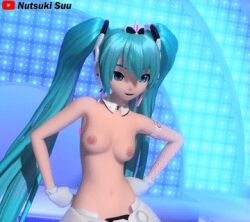 1girl 3d bad_tag big_breasts blue_eyes blue_hair breasts detached_collar female female_focus gloves hatsune_miku long_hair nipples nutsuki_suu project_diva project_diva_(series) skirt solo swaying_hip twintails vocaloid white_gloves white_skirt