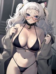 1girl absurdres animal_ears bell bikini black_bikini blue_eyes blush breasts coat collar glasses highres large_breasts long_hair meg_(wakamepiza) navel neck_bell open_clothes open_coat original round_eyewear semi-rimless_eyewear side-tie_bikini_bottom solo stomach swimsuit thick_eyebrows under-rim_eyewear wakamepiza white_hair yellow-framed_eyewear