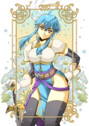 1girl absurdres ahoge aikosu_(icos) armor belt blue_hair blue_tunic border breastplate brooch commission commissioner_upload cowboy_shot elbow_gloves fire_emblem fire_emblem:_genealogy_of_the_holy_war flower gloves headband highres holding holding_flower if_they_mated jewelry nintendo outside_border pelvic_curtain planted planted_sword planted_weapon popped_collar purple_eyes retro_artstyle sash selia short_hair shoulder_armor sidelocks smile solo standing star_(symbol) sword thighhighs tomboy tunic weapon white_headband