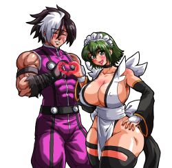 1boy 1girl black_hair black_thighhighs blue_eyes breasts choker cleavage crossover facial_scar flipped_hair frilled_leotard frills gloves hair_ornament highres huge_breasts iroha_(samurai_spirits) japanese_clothes large_breasts leotard maid maid_headdress maid_leotard metal_gloves multicolored_hair muscular muscular_male nail_polish nameless_(kof) nestsn97 no_bra open_mouth samurai_spirits scar scar_across_eye scar_on_cheek scar_on_face short_hair sideboob smile snk split-color_hair the_king_of_fighters the_king_of_fighters_2002 thighhighs thighs two-tone_hair unconventional_maid white_hair