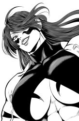 Rule 34 | 1girl, 2025, abs, absurdres, arm tattoo, arms at sides, artist logo, biceps, breast tattoo, breasts, commentary, crop top, dutch angle, english commentary, facial mark, fangs, female focus, floating hair, fuuma kotarou (tenkaichi), greyscale, grin, hair over one eye, half-closed eyes, highres, large breasts, lipstick, logo, long hair, looking at viewer, makeup, monochrome, mostlybluewyatt, muscular, muscular female, serious, simple background, smile, solo, straight hair, tattoo, tenkaichi nihon saikyou bugeisha ketteisen, underboob, upper body, variant set, veins, veiny arms, white background