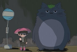 1boy 1girl boots brown_eyes brown_hair commentary cosplay crossover deformed full_body grey_fur highres holding holding_umbrella istranger299 kougami_shin&#039;ya looking_ahead pink_boots psycho-pass rain serious short_hair tonari_no_totoro totoro totoro_(cosplay) tsunemori_akane umbrella