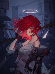 1girl absurdres arknights bare_shoulders black_gloves black_jacket breasts caution_tape city exusiai_(arknights) eyes_visible_through_hair facing_to_the_side fingerless_gloves floating_hair gloves grey_tank_top hair_over_one_eye halo highres jacket jinfeng0430 looking_at_viewer open_clothes open_jacket orange_eyes parted_lips red_hair short_hair sketch solo tank_top traditional_halo upper_body