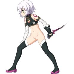 bottomless fate/apocrypha fate_(series) jack_the_ripper_(fate/apocrypha) knife navel no_panties pussy white_hair