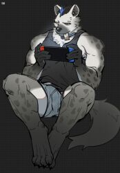 1boy arknights bara barefoot biceps black_hair black_tank_top boxers bulge claws commentary ear_piercing english_commentary eyebrow_piercing face_piercing food_in_mouth furry furry_male grey_fur grey_male_underwear headphones highres hyena_boy hyena_ears hyena_tail infection_monitor_(arknights) looking_at_object male_focus male_underwear multicolored_hair muscular muscular_male nintendo_switch piercing playing_games ppyong sitting spot_(arknights) spotted_fur streaked_hair tank_top underwear