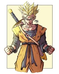 Rule 34 | 1boy, anger vein, blonde hair, dragon ball, green eyes, looking at viewer, muscular, muscular male, scratches, serious, solo, spiked hair, super saiyan, sword, torn clothes, trunks (dragon ball), trunks (future) (dragon ball), weapon