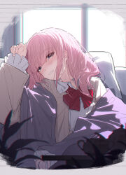 1girl blush bow bowtie brown_cardigan cardigan chinese_commentary commentary_request girls_band_cry grey_eyes grey_hair hair_down highres hina_(girls_band_cry) long_hair long_sleeves open_mouth pink_hair red_bow red_bowtie shirt sidelocks solo white_shirt yun_cao_bing