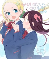 Rule 34 | 2girls, :d, artist name, blazer, blonde hair, blue jacket, blush, bow, bowtie, brown hair, collared shirt, commentary request, copyright name, episode number, floating hair, flower, forehead, from side, green eyes, hair flower, hair ornament, hairclip, hand on own cheek, hand on own face, hand up, highres, hitori bocchi, hitoribocchi no marumaru seikatsu, jacket, looking at another, looking at viewer, multiple girls, open mouth, pink flower, red bow, red eyes, school uniform, shirt, side ponytail, signature, smile, sotoka rakita, tanaka kii, upper body, white shirt