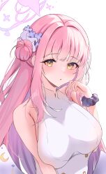 1girl absurdres angel_wings blue_archive blush breasts byakko_0410 crescent crescent_pin dress flower hair_bun hair_flower hair_ornament halo hand_up highres large_breasts long_hair mika_(blue_archive) parted_lips pink_hair pink_halo purple_flower purple_scrunchie scrunchie simple_background single_side_bun sleeveless sleeveless_dress solo upper_body white_background white_dress white_wings wings wrist_scrunchie yellow_eyes