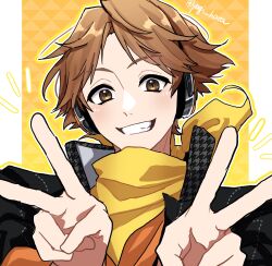 1boy absurdres arms_up bandana bandana_around_neck black_jacket brown_eyes brown_hair collared_jacket commentary_request double_v grin hanamura_yousuke headphones highres houndstooth jacket male_focus open_clothes open_jacket persona persona_4 popped_collar school_uniform short_hair smile solo suit_jacket teeth twitter_username upper_body v yagi_hara yasogami_school_uniform yellow_bandana