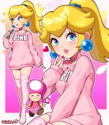 1up 2girls absurdres blonde_hair blue_eyes boots bubble_tea casual earrings heart highres jewelry looking_at_viewer mario_(series) multiple_girls nintendo oversized_clothes pearl_earrings pink_sweater pink_thighhighs ponytail princess_peach sarukaiwolf sweater thigh_boots thighhighs toadette