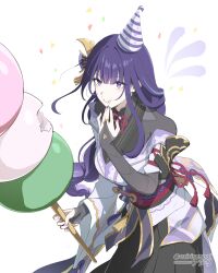 Rule 34 | 1girl, absurdres, asiri senpai, birthday, black bridal gauntlets, black shirt, black skirt, breasts, bridal gauntlets, commentary, confetti, dango, eating, food, genshin impact, hair ornament, hand up, hat, highres, holding, holding food, japanese clothes, kimono, large breasts, mole, mole under eye, nail polish, oversized food, oversized object, party hat, pink nails, purple eyes, purple hair, purple kimono, raiden shogun, sanshoku dango, shirt, simple background, skirt, solo, twitter username, wagashi, white background