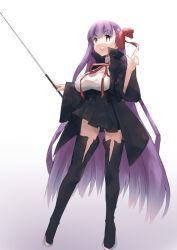 1girl absurdres bb_(fate) bb_(fate/extra) black_coat black_skirt black_thighhighs blush boots breasts coat collared_shirt deko_morii fate/grand_order fate_(series) hair_ribbon high-waist_skirt highres large_breasts long_hair long_sleeves looking_at_viewer neck_ribbon open_clothes open_coat open_mouth popped_collar purple_eyes purple_hair red_ribbon ribbon shirt skirt smile solo thigh_boots thighhighs very_long_hair wand white_shirt wide_sleeves